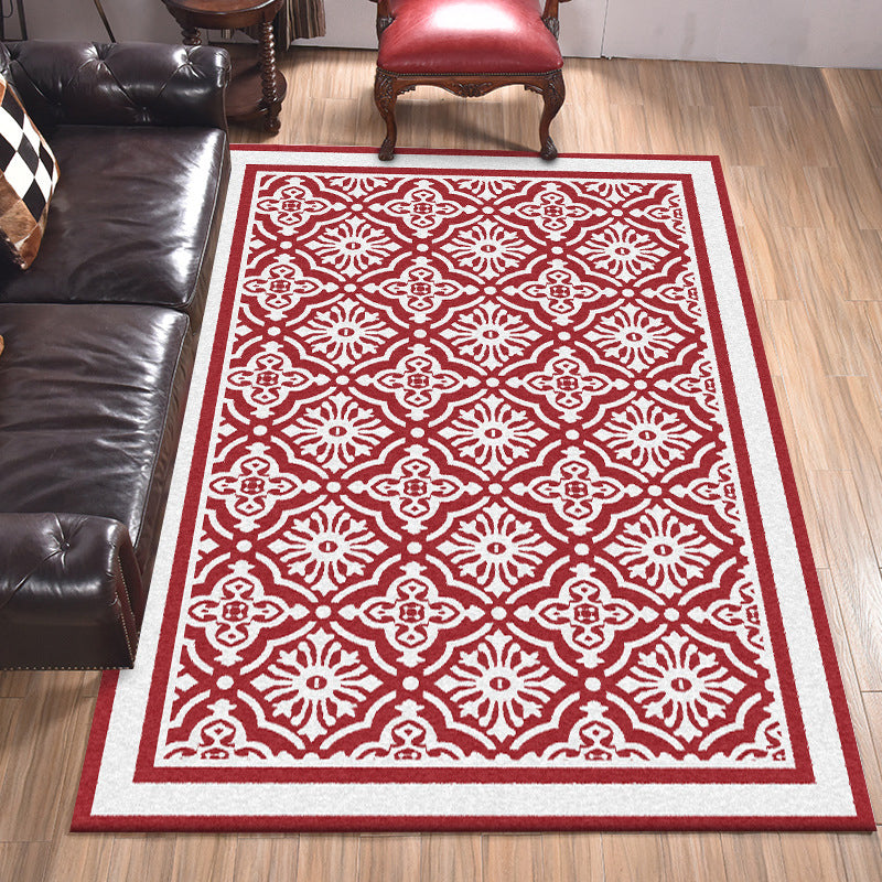 Avtoit | Red Persian Carpet Polyester Floral Pattern Carpet Washable Non-Slip Backing Carpet for Living Room