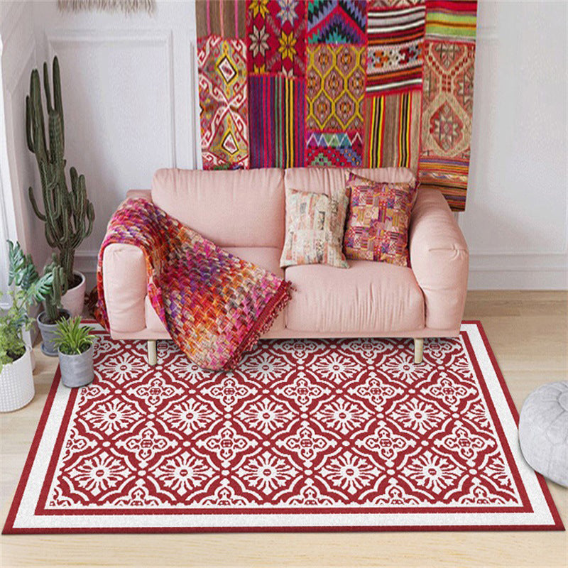 Avtoit | Red Persian Carpet Polyester Floral Pattern Carpet Washable Non-Slip Backing Carpet for Living Room
