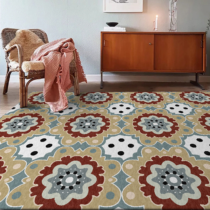 Avtoit | Persian plaid rug with floral yellow polyester rug machine washable non-slip rug for the living room