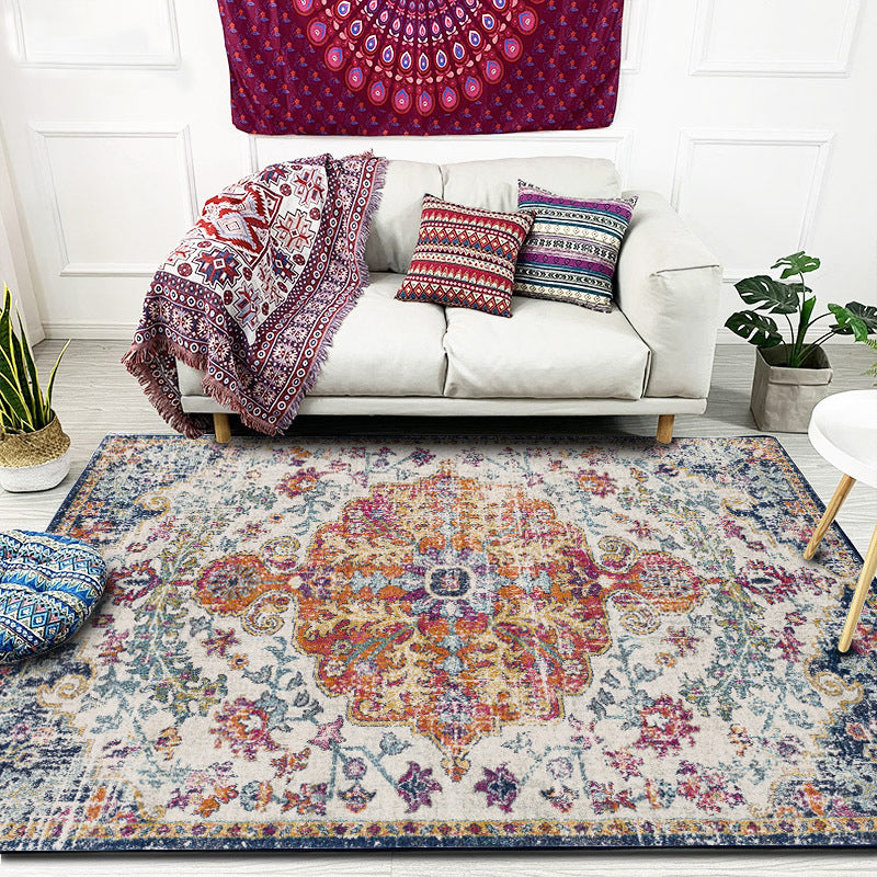 Avtoit | Orange Moroccan Carpet Polyester Medallion Pattern Carpet Washable Non-Slip Base Carpet for Living Room