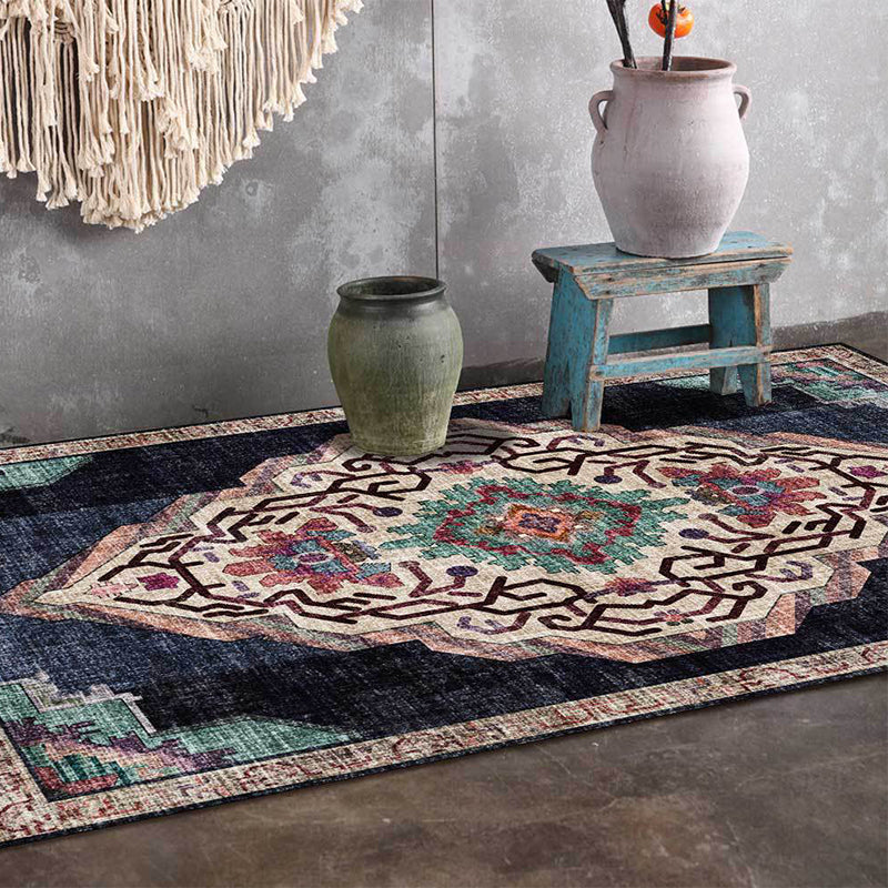 Avtoit | Vintage Medallion Pattern Rug Black Polyester Rug Machine Washable Non-Slip Rug for the Living Room