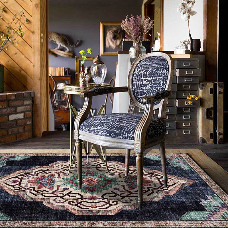 Avtoit | Vintage Medallion Pattern Rug Black Polyester Rug Machine Washable Non-Slip Rug for the Living Room