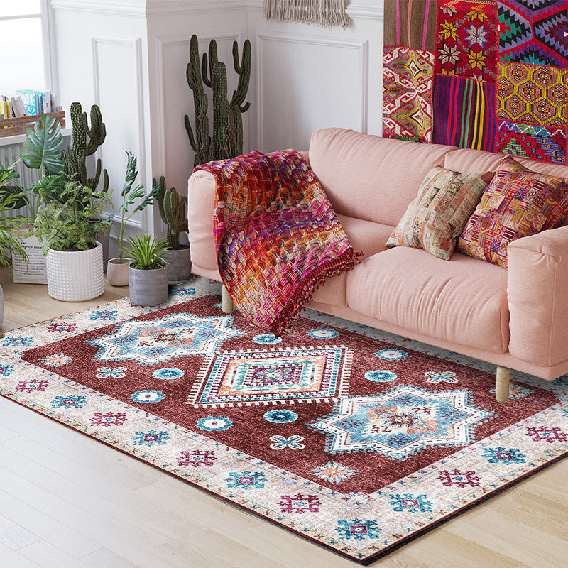 Avtoit | Washed Medallion Pattern Rug Red Moroccan Rug Polyester Machine Washable Non-Slip Area Rug for Bedroom