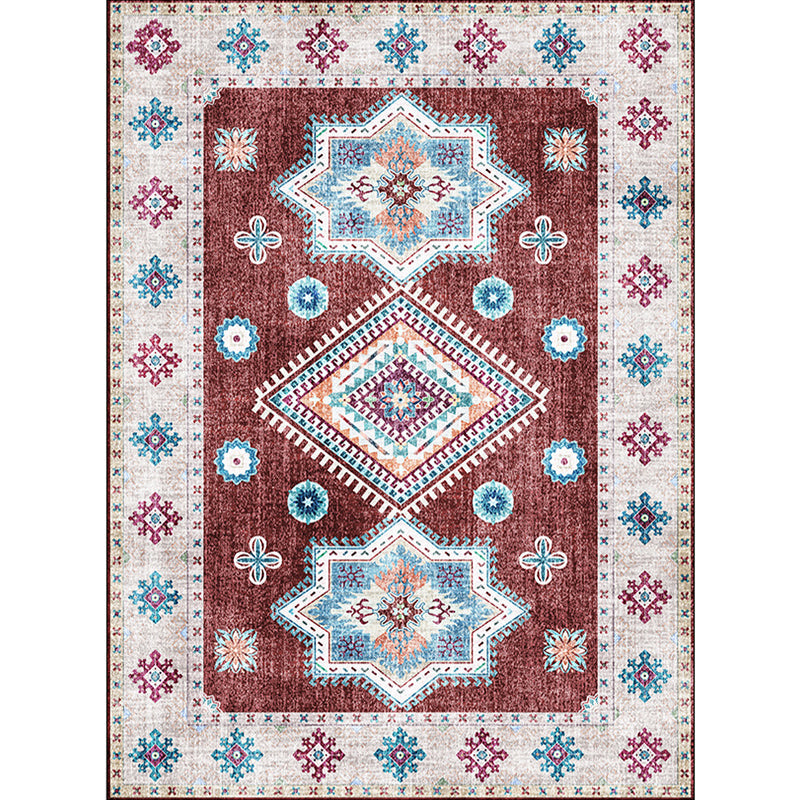 Avtoit | Washed Medallion Pattern Rug Red Moroccan Rug Polyester Machine Washable Non-Slip Area Rug for Bedroom