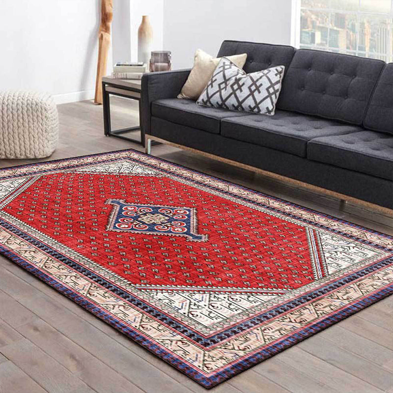 Avtoit | Tribal Medallion Pattern Rug Red Mediterranean Rug Polyester Machine Washable Non-Slip Rug for the Bedroom