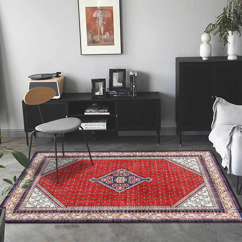 Avtoit | Tribal Medallion Pattern Rug Red Mediterranean Rug Polyester Machine Washable Non-Slip Rug for the Bedroom