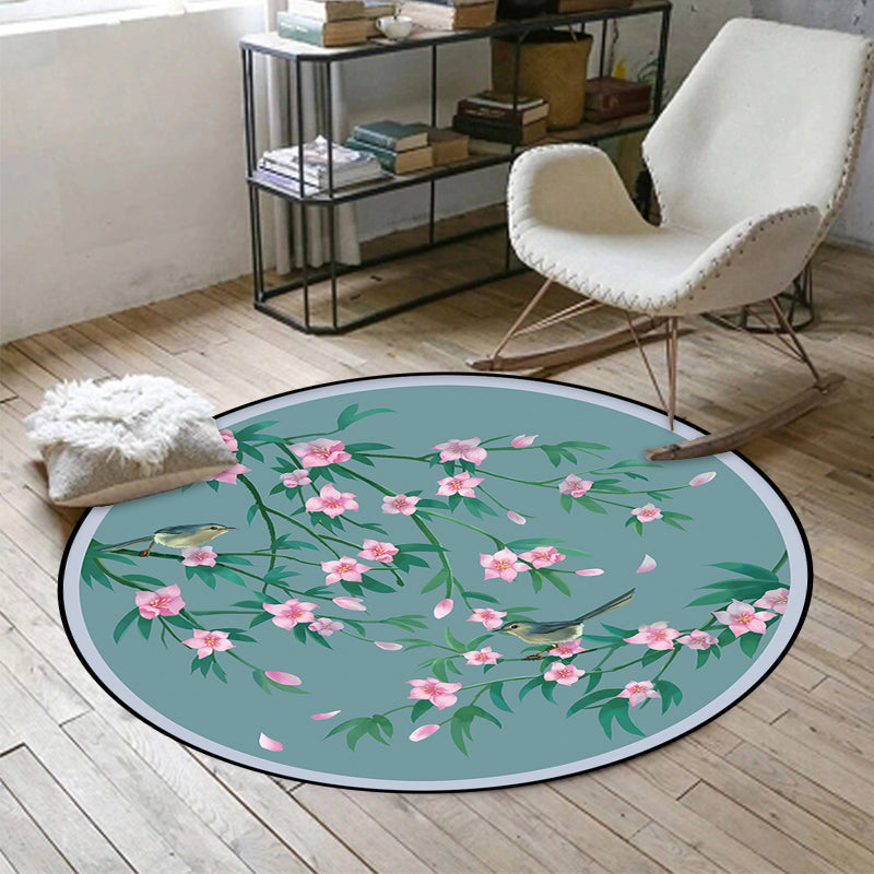 Avtoit | Retro Floral Pattern rug with bird and leaf Blue Oriental rug Polyester Washable Non-slip backing rug for living room