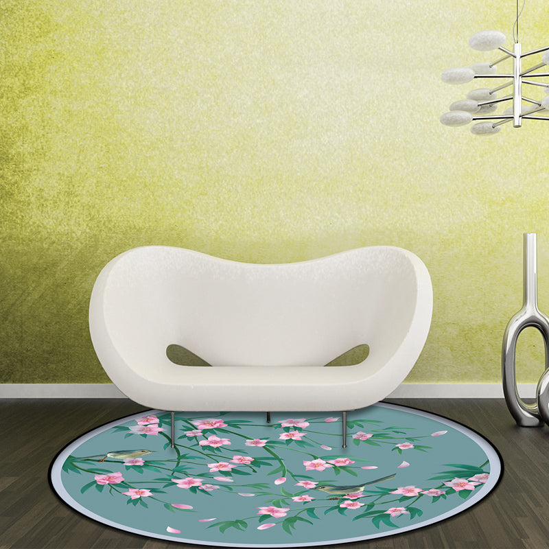 Avtoit | Retro Floral Pattern rug with bird and leaf Blue Oriental rug Polyester Washable Non-slip backing rug for living room