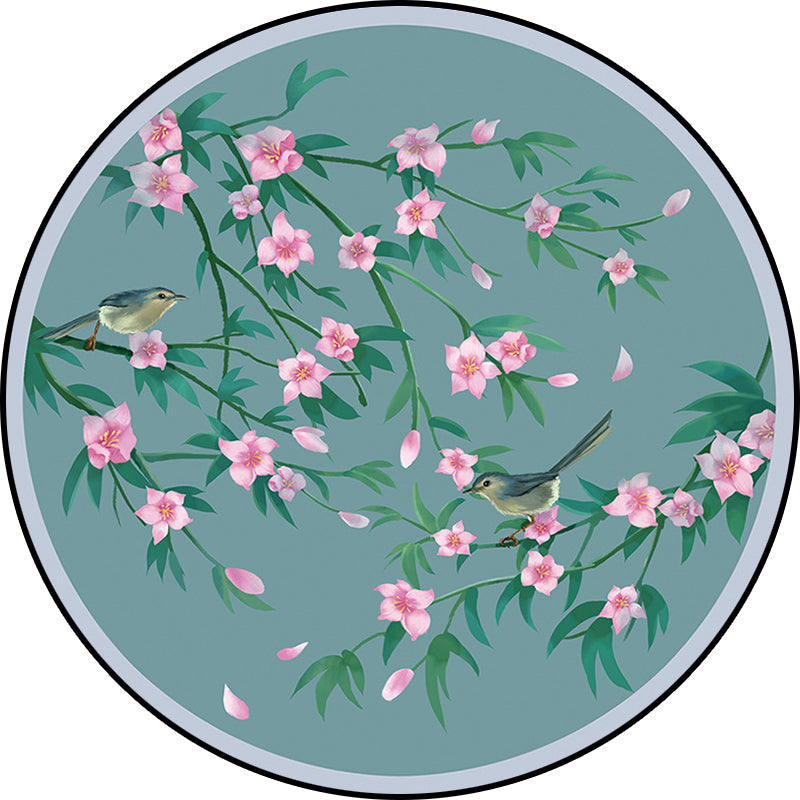 Avtoit | Retro Floral Pattern rug with bird and leaf Blue Oriental rug Polyester Washable Non-slip backing rug for living room