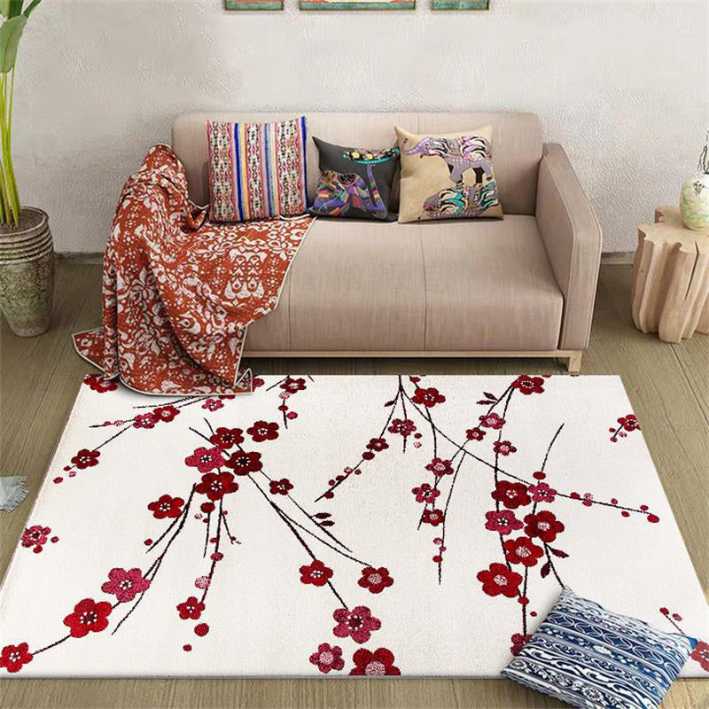 Avtoit | Vintage Floral Pattern Rug Beige and Red Polyester Rug Machine Washable Non-Slip Rug for the Living Room