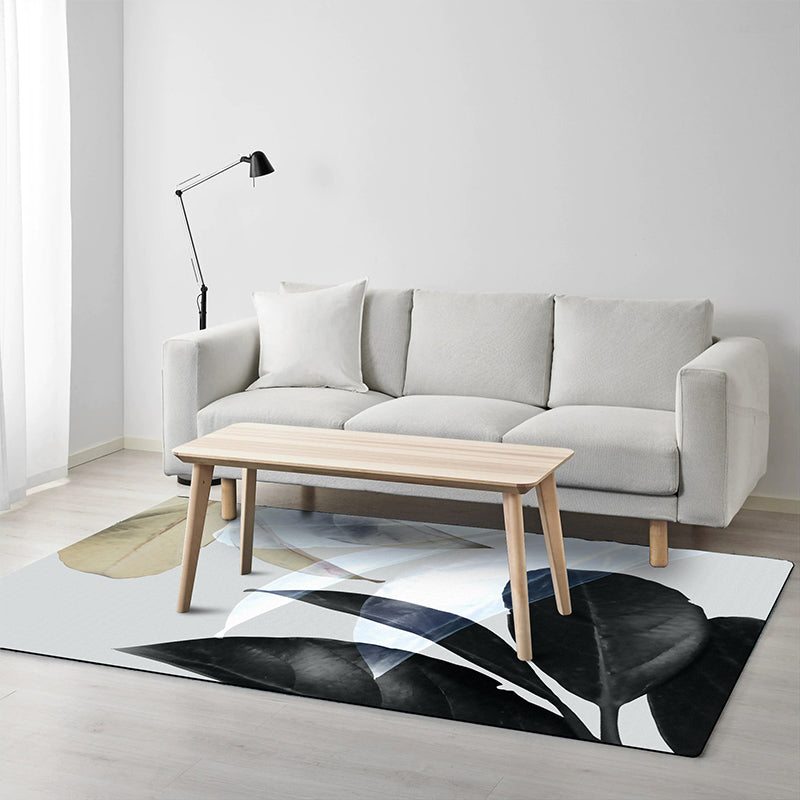 Avtoit | Black and White Oriental Carpet Polyester Leaf Pattern Carpet Washable Non-Slip Backing Rug for Living Room