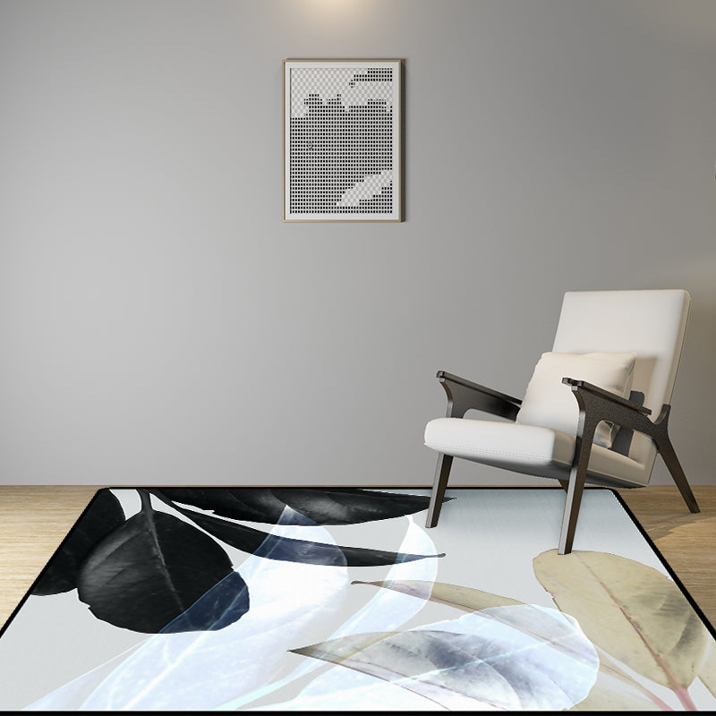 Avtoit | Black and White Oriental Carpet Polyester Leaf Pattern Carpet Washable Non-Slip Backing Rug for Living Room