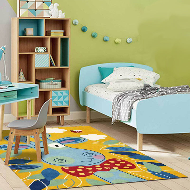 Avtoit | Children's Bedroom Rug in Blue and Yellow Animal Giraffe Cloud Leaf Print Rug Polyester Washable Rug