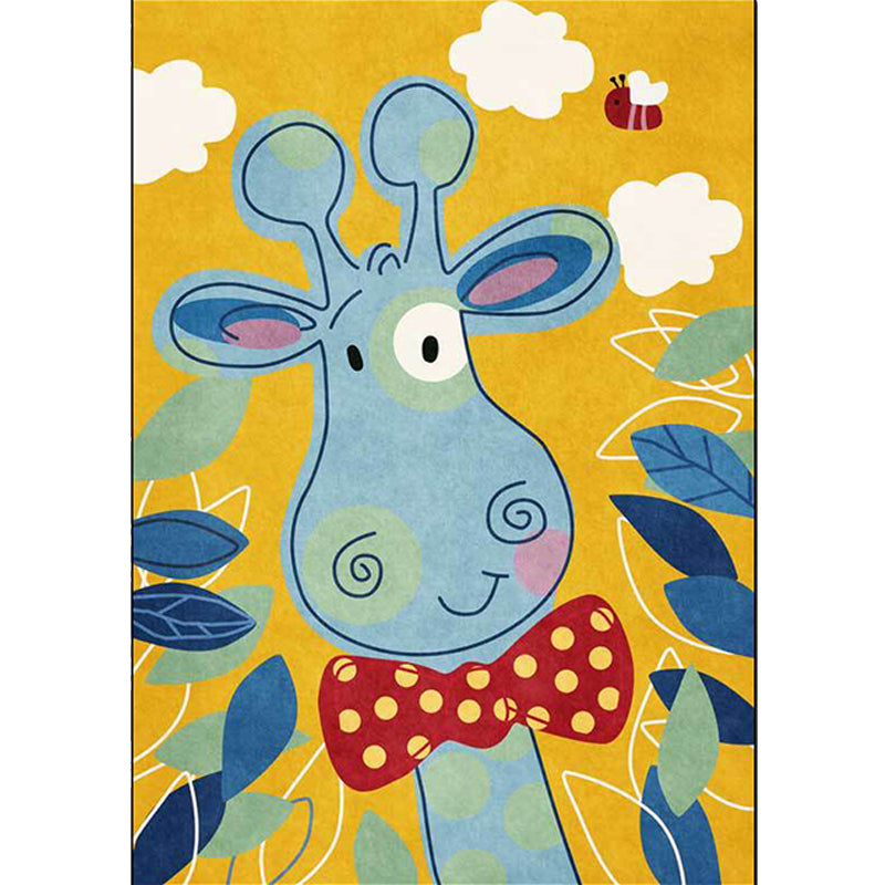 Avtoit | Children's Bedroom Rug in Blue and Yellow Animal Giraffe Cloud Leaf Print Rug Polyester Washable Rug