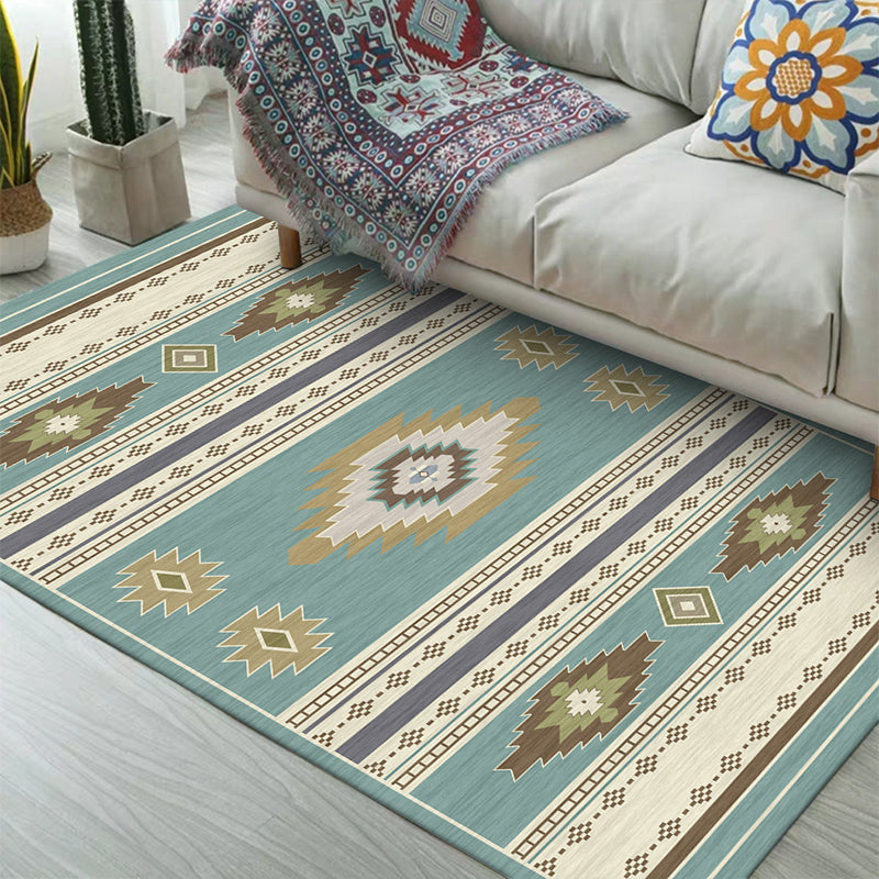 Avtoit | Unique geometric pattern rug Blue and Green Vintage rug Polyester Washable Non-slip backing Rug for bedroom