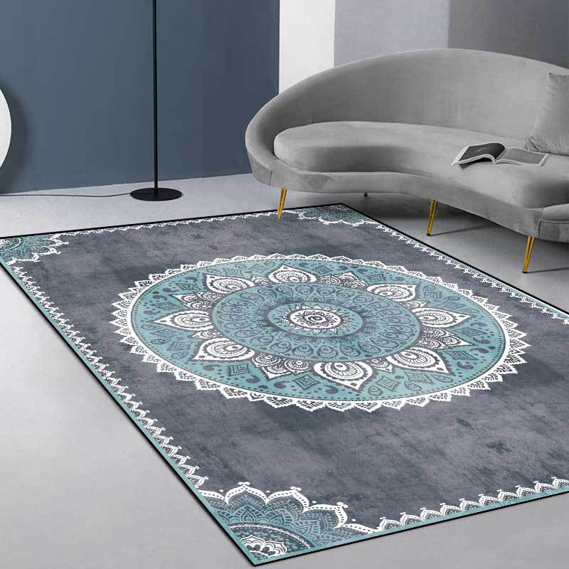 Avtoit | Blue and Gray Moroccan Carpet Polyester Floral Pattern Washable Carpet Non-slip Back Carpet for Living Room