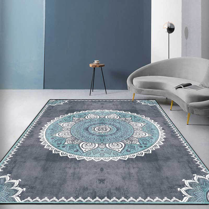 Avtoit | Blue and Gray Moroccan Carpet Polyester Floral Pattern Washable Carpet Non-slip Back Carpet for Living Room