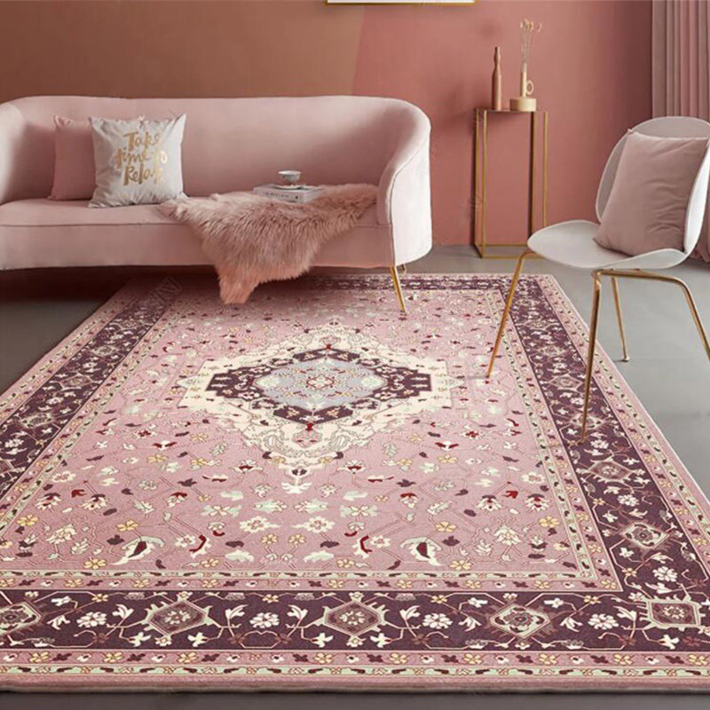 Avtoit | Pink Mediterranean Carpet Polyester Medallion and Floral Pattern Carpet Washable Non-Slip Back Carpet for Living Room