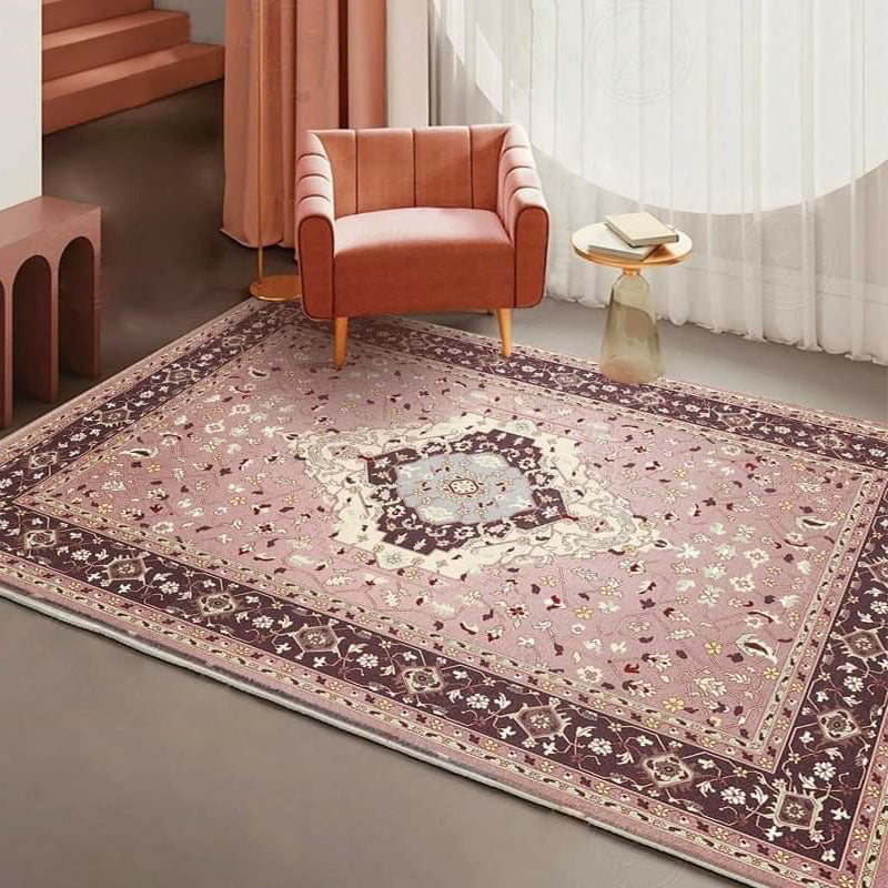 Avtoit | Pink Mediterranean Carpet Polyester Medallion and Floral Pattern Carpet Washable Non-Slip Back Carpet for Living Room