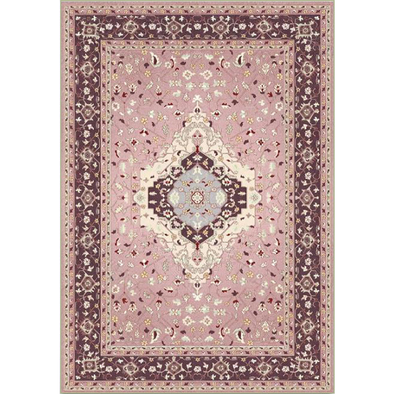 Avtoit | Pink Mediterranean Carpet Polyester Medallion and Floral Pattern Carpet Washable Non-Slip Back Carpet for Living Room