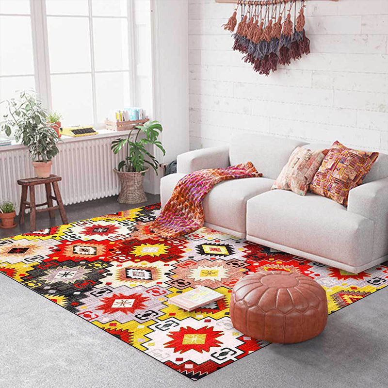 Avtoit | Red Multicolor Mediterranean Carpet Polyester Tiles Printed Rug Washable Non-Slip Back Carpet for Living Room