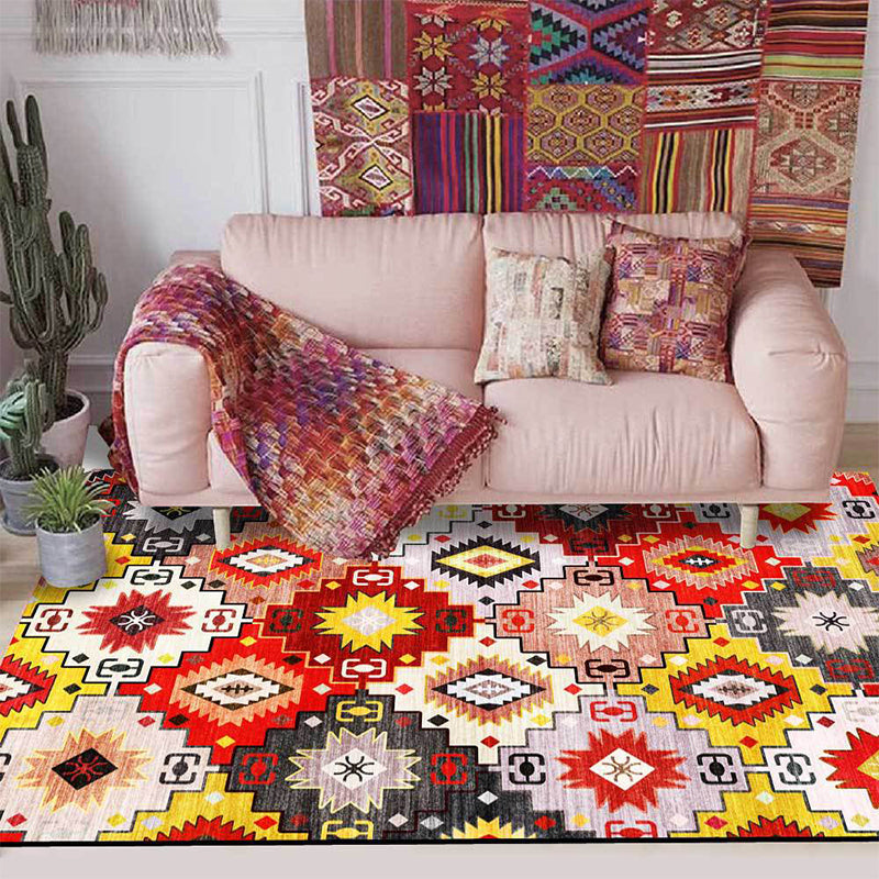Avtoit | Red Multicolor Mediterranean Carpet Polyester Tiles Printed Rug Washable Non-Slip Back Carpet for Living Room