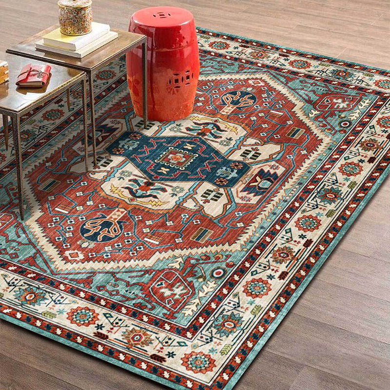 Avtoit | Vintage Medallion Pattern Rug Red and Green Polyester Rug Machine Washable Non-Slip Area Rug for the Living Room