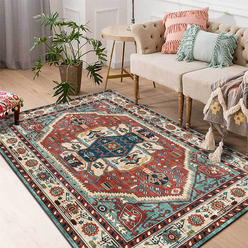 Avtoit | Vintage Medallion Pattern Rug Red and Green Polyester Rug Machine Washable Non-Slip Area Rug for the Living Room