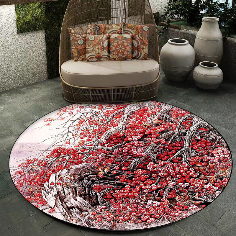 Avtoit | Red Oriental Carpet Polyester Flower and Branch Pattern Washable Non-Slip Back Carpet for Bedroom