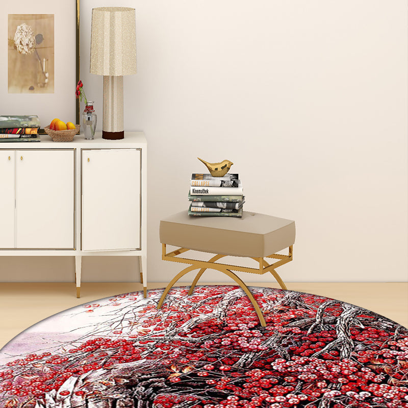 Avtoit | Red Oriental Carpet Polyester Flower and Branch Pattern Washable Non-Slip Back Carpet for Bedroom