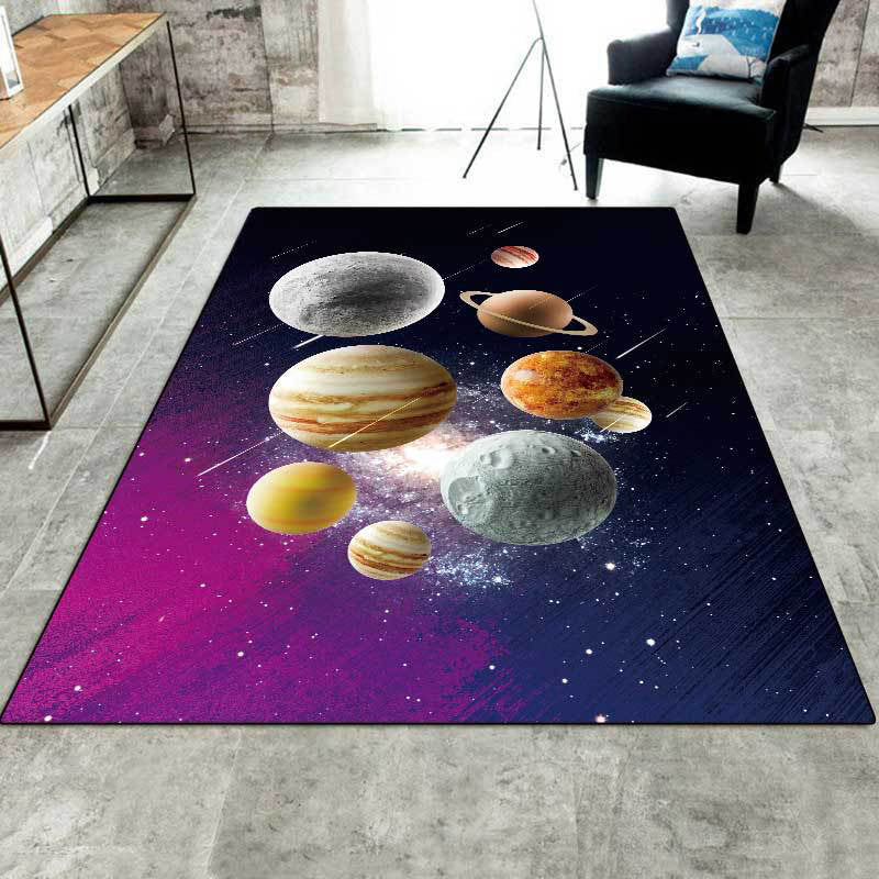 Avtoit | Kids' Bedroom Rug in Black and Purple Space Galaxy Planet Print Rug Polyester Machine Washable Rug