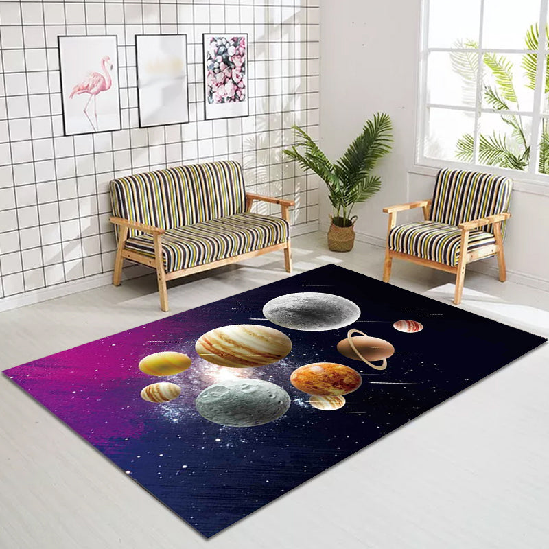 Avtoit | Kids' Bedroom Rug in Black and Purple Space Galaxy Planet Print Rug Polyester Machine Washable Rug