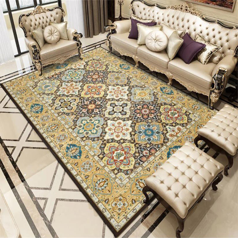 Avtoit | Stylish Tribal Pattern Carpet with Flowers Yellow Vintage Carpet Polyester Washable Non-Slip Back Bedroom Rug