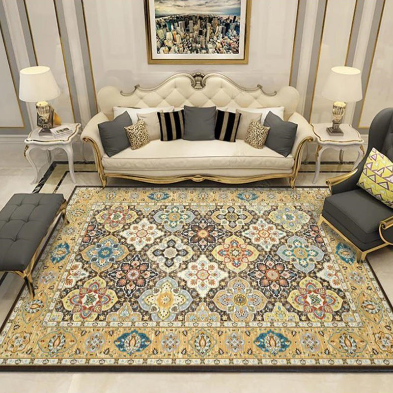 Avtoit | Stylish Tribal Pattern Carpet with Flowers Yellow Vintage Carpet Polyester Washable Non-Slip Back Bedroom Rug