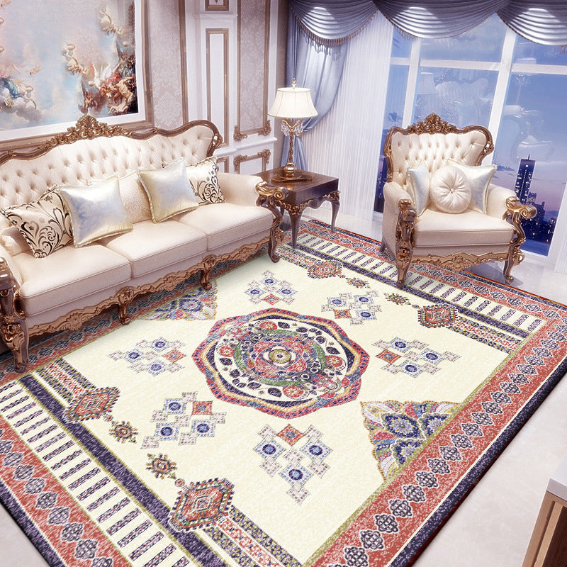 Avtoit | Beige and Red Vintage Carpet Polyester Medallion Pattern Carpet Washable Non-Slip Underlay Carpet for Living Room