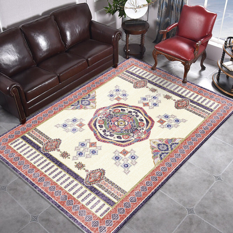 Avtoit | Beige and Red Vintage Carpet Polyester Medallion Pattern Carpet Washable Non-Slip Underlay Carpet for Living Room