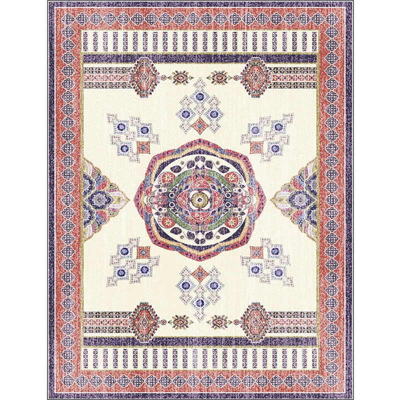 Avtoit | Beige and Red Vintage Carpet Polyester Medallion Pattern Carpet Washable Non-Slip Underlay Carpet for Living Room