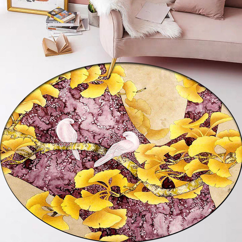 Avtoit | Retro Apricot Leaf Pattern Rug with Bird Yellow and Pink Traditional Rug Polyester Washable Non-Slip Back Rug for the Bedroom