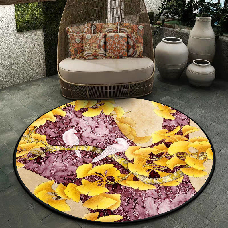 Avtoit | Retro Apricot Leaf Pattern Rug with Bird Yellow and Pink Traditional Rug Polyester Washable Non-Slip Back Rug for the Bedroom