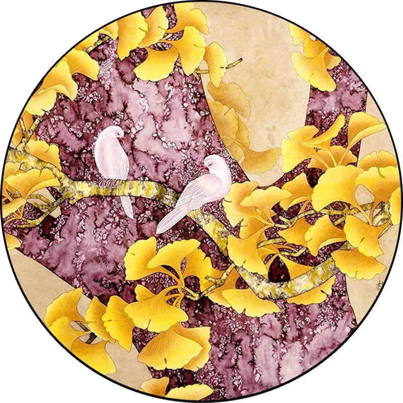 Avtoit | Retro Apricot Leaf Pattern Rug with Bird Yellow and Pink Traditional Rug Polyester Washable Non-Slip Back Rug for the Bedroom