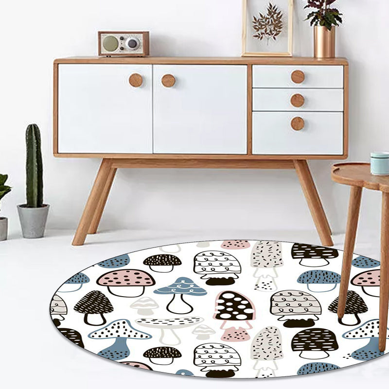 Avtoit | Children's Bedroom Rug in White Botanical Mushroom Print Rug Polyester Non-Slip Back Washable Rug