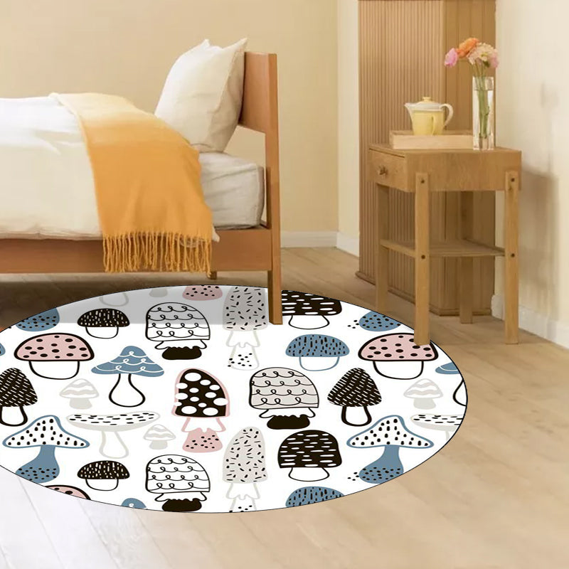 Avtoit | Children's Bedroom Rug in White Botanical Mushroom Print Rug Polyester Non-Slip Back Washable Rug