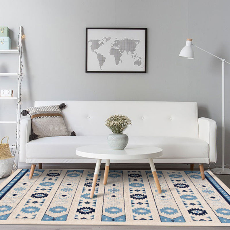 Avtoit | Blue and brown tribal rug striped polyester and tribal pattern rug washable non-slip backing rug for living room