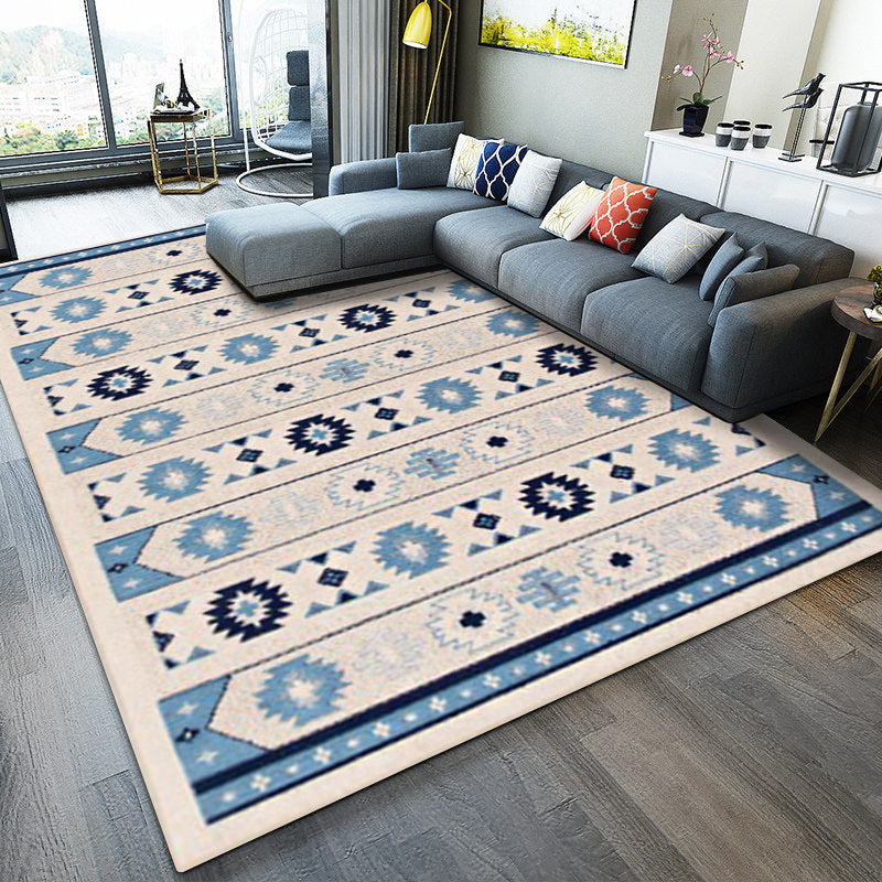 Avtoit | Blue and brown tribal rug striped polyester and tribal pattern rug washable non-slip backing rug for living room