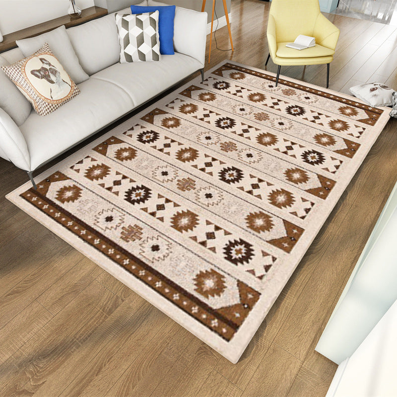 Avtoit | Blue and brown tribal rug striped polyester and tribal pattern rug washable non-slip backing rug for living room