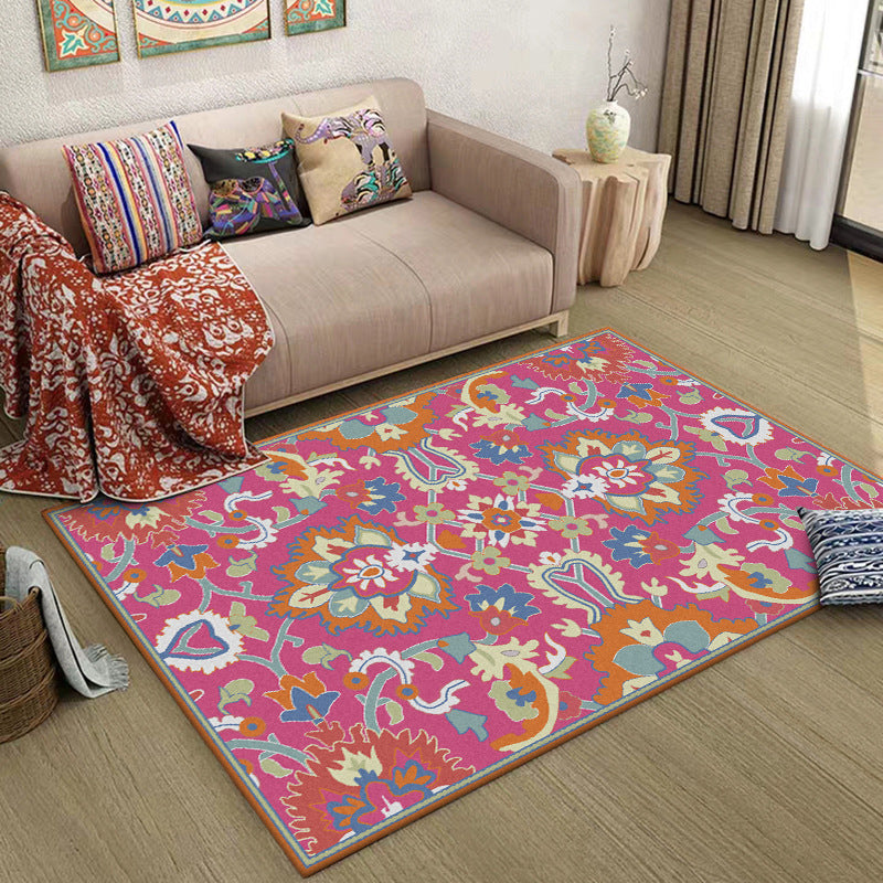 Avtoit | Mediterranean Flower Pattern Carpet Pink Polyester Carpet Machine Washable Non-Slip Area Rug for Living Room