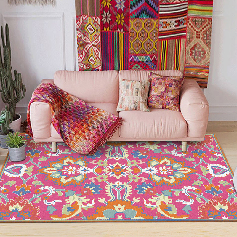 Avtoit | Mediterranean Flower Pattern Carpet Pink Polyester Carpet Machine Washable Non-Slip Area Rug for Living Room