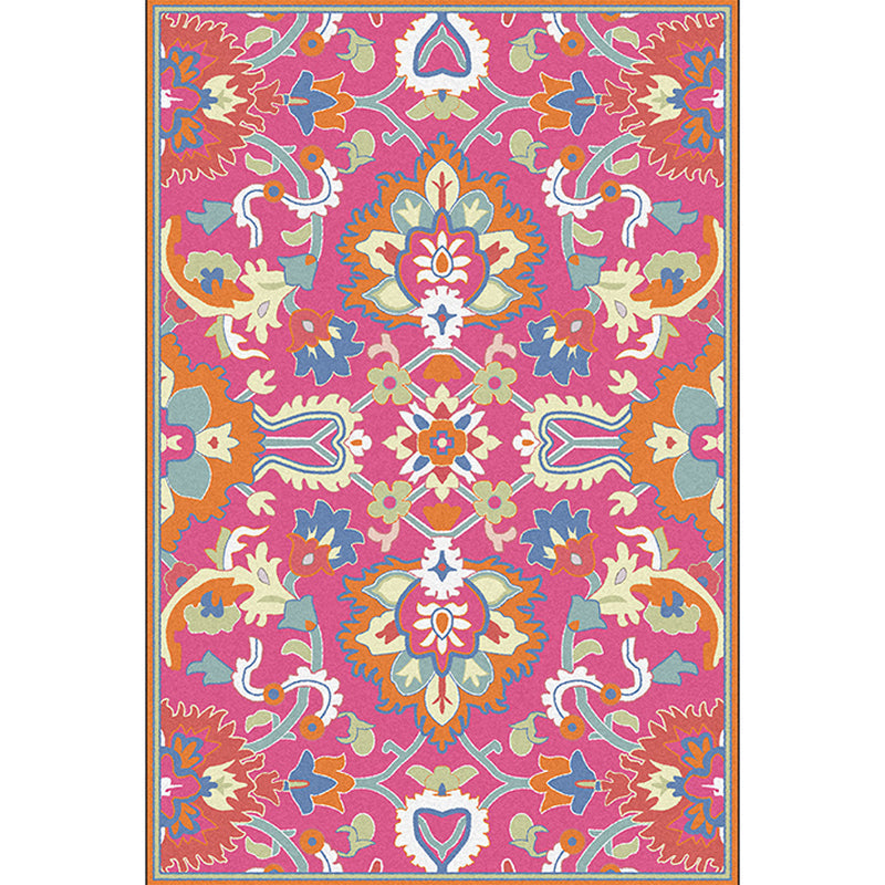 Avtoit | Mediterranean Flower Pattern Carpet Pink Polyester Carpet Machine Washable Non-Slip Area Rug for Living Room