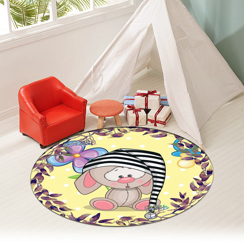 Avtoit | Beautiful cartoon mouse pattern carpet with flower and leaf pattern Yellow children's carpet Polyester Washable Non-slip area rug for the children's room