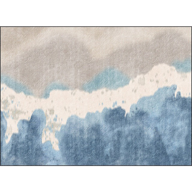 Avtoit | Brown and Blue Oriental Rug Polyester Ink Wash Painting Pattern Rug Washable Non-Slip Back Carpet for Bedroom
